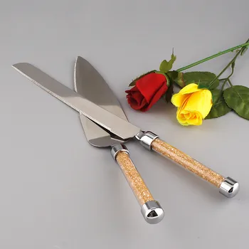 

Luxury Gold Foil Paper Cakes Shovel knives Wedding Cake Cutlery Set Decorated Handle Long Cake Knife Server Birthday Party Gift