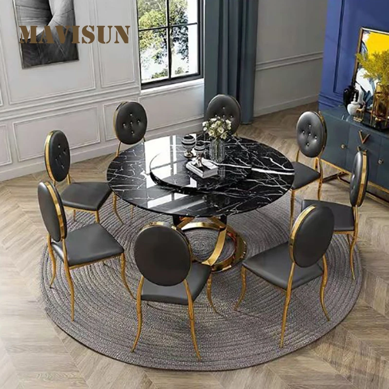 Mesa de comedor familiar grande para cocina, mesa redonda el hogar con tocadiscos de mármol Natural brillante, escritorio blanco de 1,5 m y 6 sillas|Mesas de comedor| - AliExpress