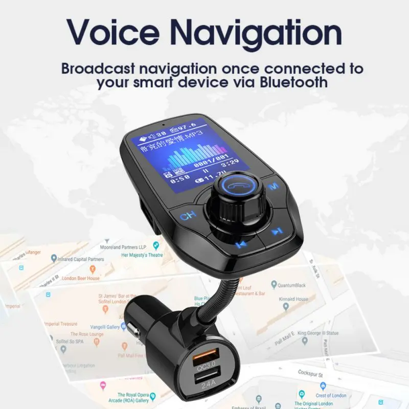 T26D Bluetooth Car Kit Handsfree FM Transmitter MP3 Player QC3.0 Big Screen Hands free Call Screen Color Car Charging for Phones