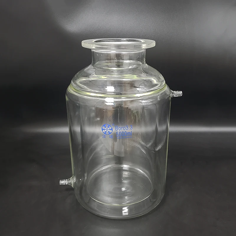 더블 레이어 원통형 플랫 하단 오픈 반응기 병 5000mL,150mm 플랜지, 스테인레스 클립, 3 개의 입 24/29 커버