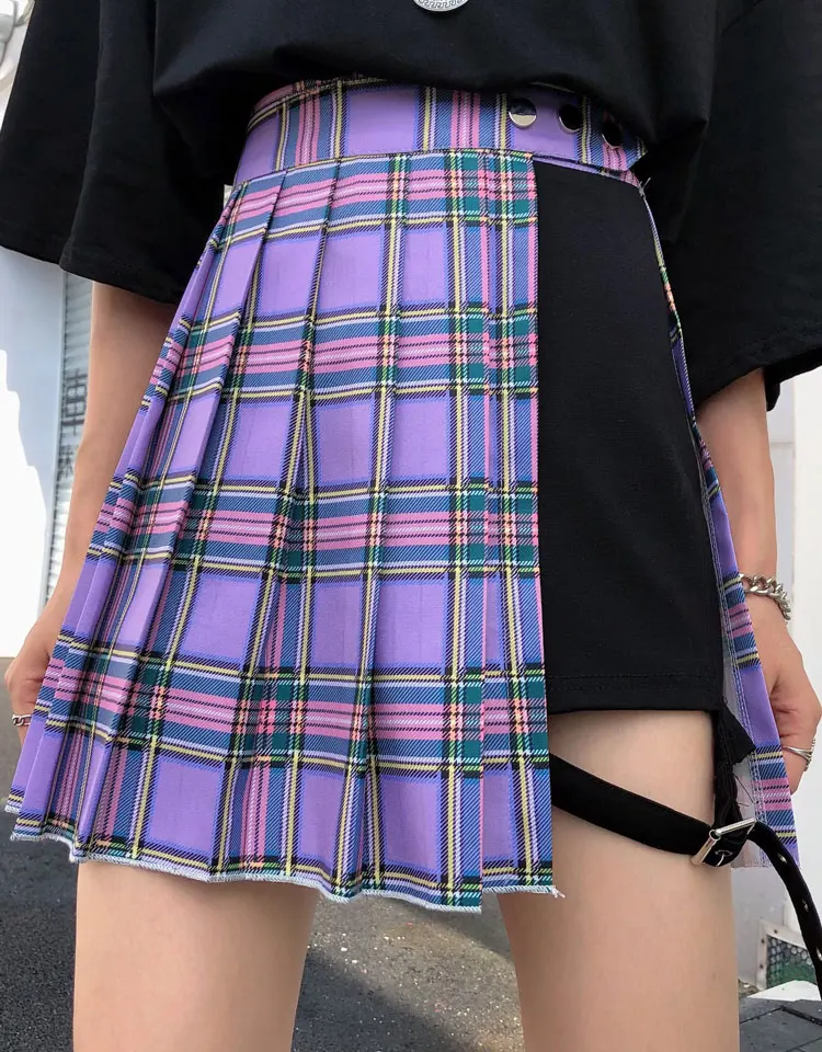Фиолетовые юбки в стиле панк, шорты, Женская плиссированная юбка с высокой талией, короткая Осенняя женская модная сексуальная мини-юбка, короткая, увеличивающая Размер S-4XL
