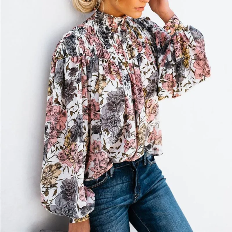 

Turtleneck Chiffon Blouses Woman 2019 Floral Print Vintage Retro Shirts Womens Lantern Sleeve Boho Ladies Tops Female Blusas