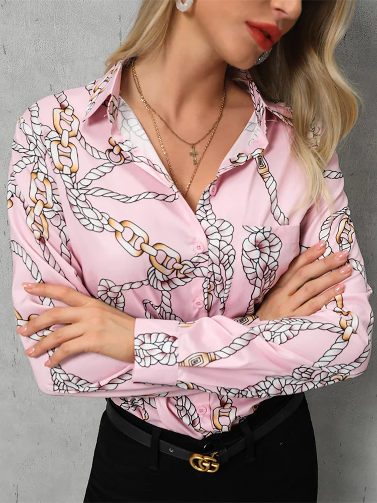 

Chain Print V-Neck Casual Shirt Casual Loose Turn-down Collar Streetwear 2019 Autumn Long Sleeve Top Shirts