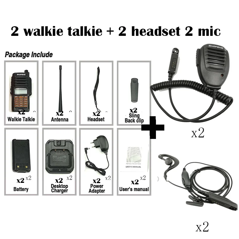 2PCS New 100%original Baofeng UV-9R Plus IP67 WaterproofRadio Walkie Talkie 8W UHF&VHF 128CH 2800mAh Walkie Talkie Radio Station - Цвет: Add 2 headset 2 mic