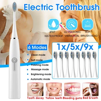 

New USB Electric Toothbrush Sonic Wave Waterproof Soft 6 Vibration Healthy Teeth Whitening Cleaning Head Replaceable Brush Set