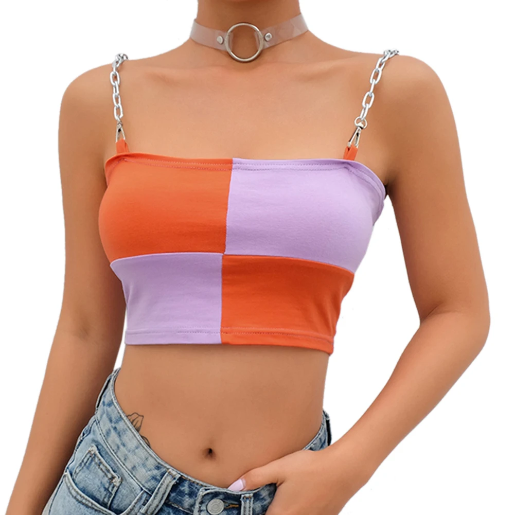 

2019 Summer Sleeveless Patchwork Print Women Crop Top Chain Strap Contrast Color Casual Short Tops