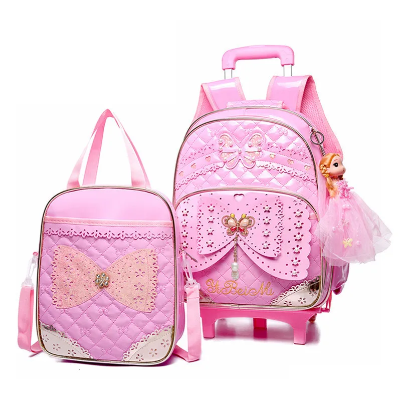 2 wheels pink Детская одежда из искусственной кожи для девочек, одежда для сна с изображением принцесс школьная сумка 2 шт./компл. школьные ранцы 2/6 колеса лестницы съемный тележка рюкзак - Цвет: 2 wheels pink