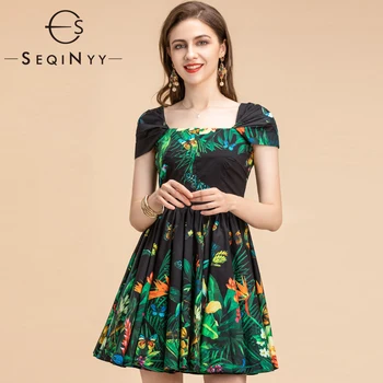 

SEQINYY 100% Cotton Dress 2020 Summer Spring New Fashion Design Women Short Sleeve Flowers Bird Print Black Mini Dress Runway