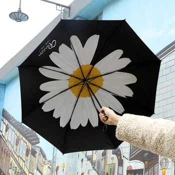 

Little Daisy women Sunny and rainy Umbrella Three Folding Black Coating Sunscreen Anti-UV Parasol Windproof Strong Umbrella