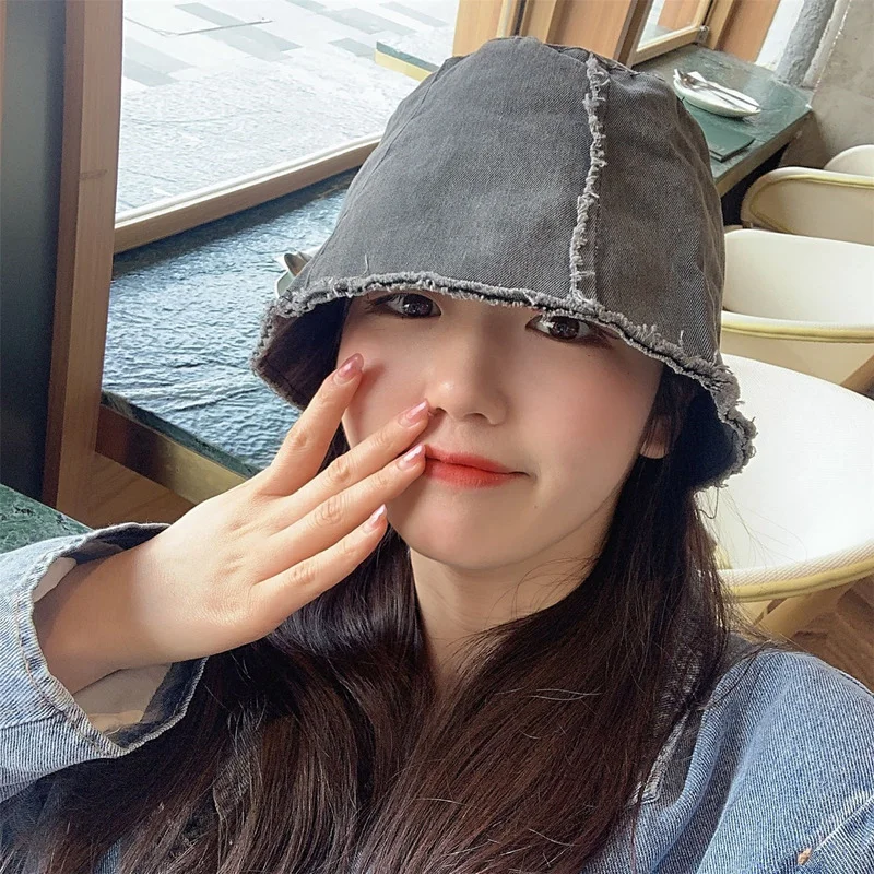 Washed Distressed Women's Hats with Edging Design Bucket Versatile Basin Japanese Face-covering Gorros | Аксессуары для одежды