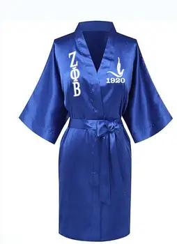

Custom Greek Letter Sorority White Blue Zeta PHI Beta Robe Sleepwear Silk Half Sleeve Nightwear For Women Lady