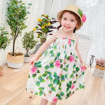 

Girls' Rose Printed Romantic holiday Style Cotton Suspender Dress