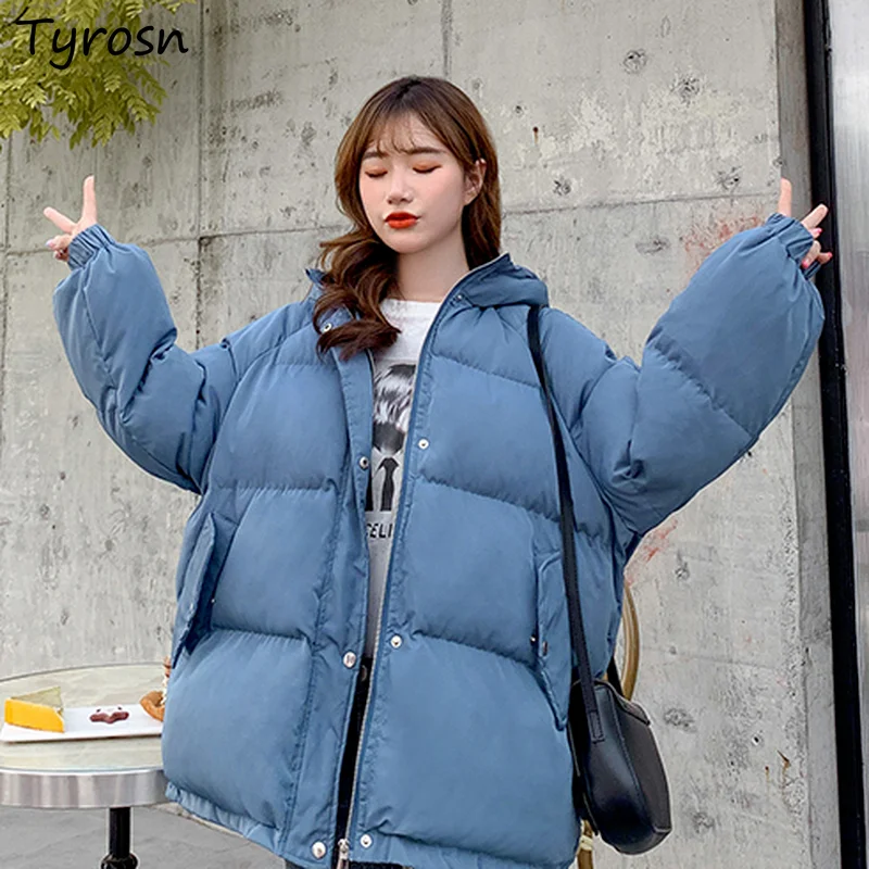 Con Cappello Parka Donna Solido Zip-Up Moda Stile Corto Studenti All-Match Ulzzang Cappotti Caldi Allentati Inverno Femme Adorabile Addensare