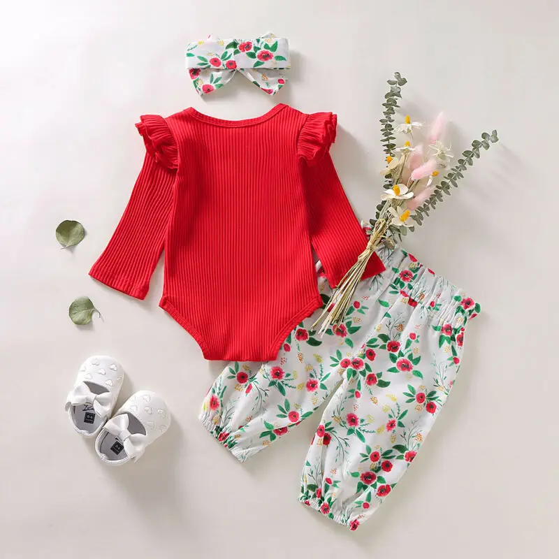 Emmababy Одежда для новорожденных девочек, вязаные топы, хлопковый комбинезон+ длинные штаны с цветочным принтом, комплект из 2 предметов