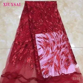 

Latest Design French Net Lace Fabric High Quality Red African Tulle Lace With Sequins Nigerian Lace Fabrics For Wedding S391