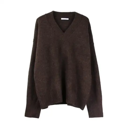 Зимний пуловер сплошного цвета с длинным свободным свитером с v-образным вырезом образным вырезом женский большой размер - Цвет: Коричневый