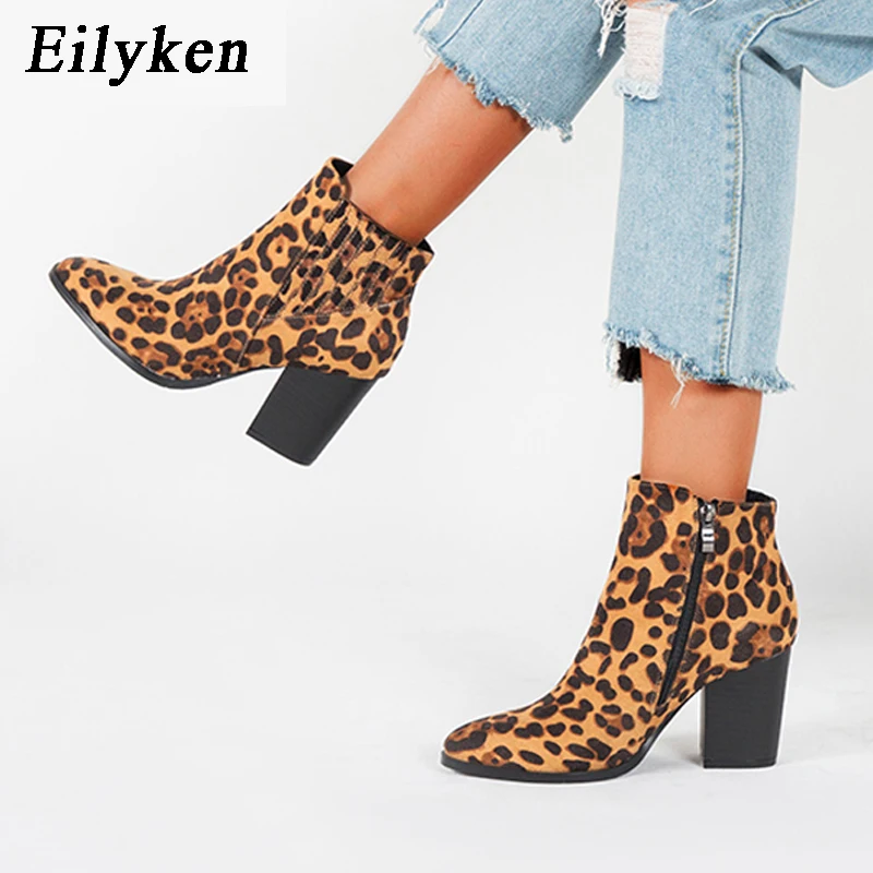 

EilyKen 2020 Motorcycle Western Cowboy Women Boots Animal Pattern Leopard Grain High Heels slip on Cowgirl Ankle Booties Shoes