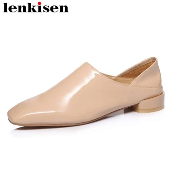 

Lenkisen European design natural leather shoes women square toe low heel elegant lady daily wear slip on deep mouth pumps L10