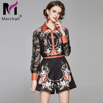 

Merchall Runway Two Piece Short Set for Women Lace Long Sleeve Vintage Floral Print Shirt Tops + Wide Leg Mini Short Set Women