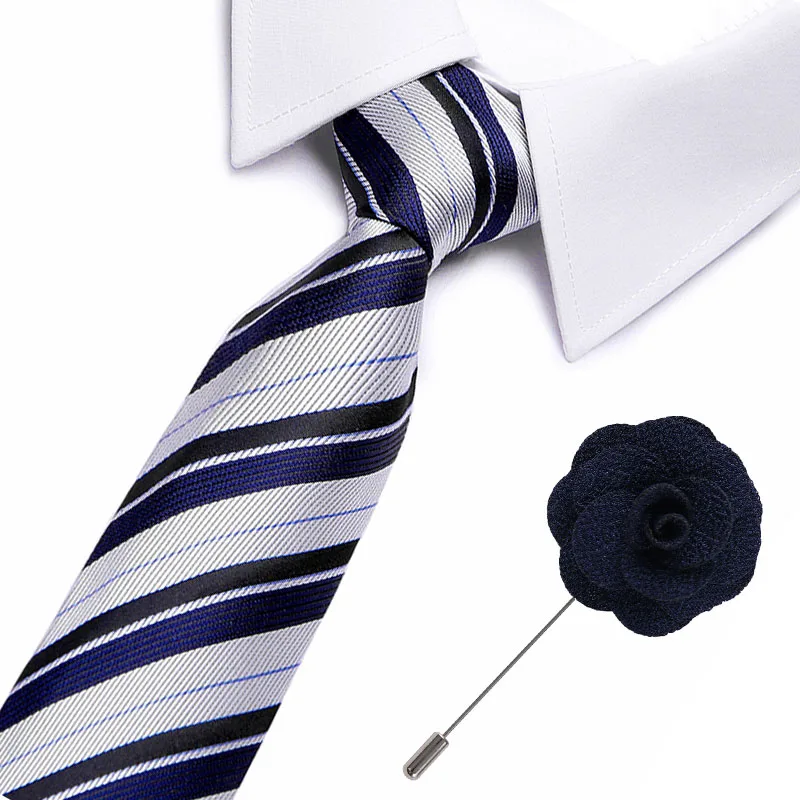 

New Classic 100% Silk Men's Ties Striped Neck Ties 7.5cm Ties with flower pin for Men Formal Business Wedding Party Neckties