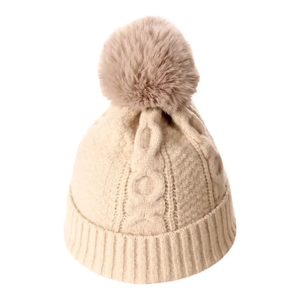 Women Cable Knit Beanie Hat with Fluffy Pompom Winter Crochet Cuffed Skull Cap - Цвет: BE