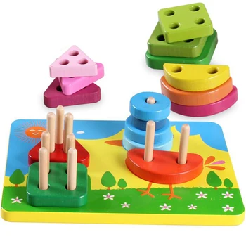 

4 Columns Wooden Blocks Geometric Shape Matching Building Block Learning Educational Toys For Children