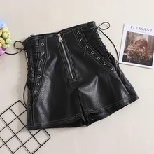MUMUZI lace up leather shorts american fashion new black and white leather shorts simple design casual high waist shorts female