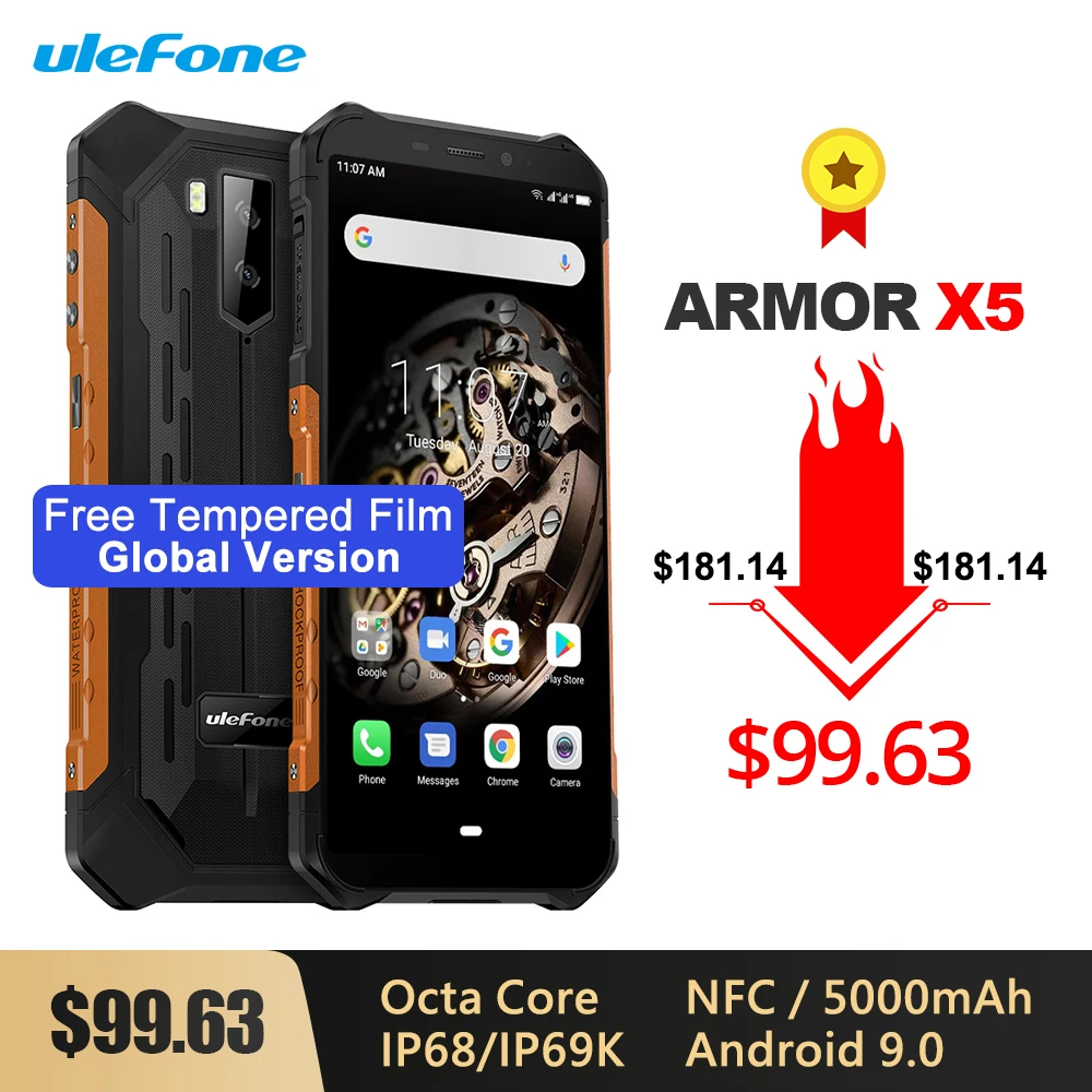 Ulefone Armor X5 IP68/IP69K Rugged Shockproof Smartphone 5000mAh Octa Core 5.5'' Dual SIM Android 9