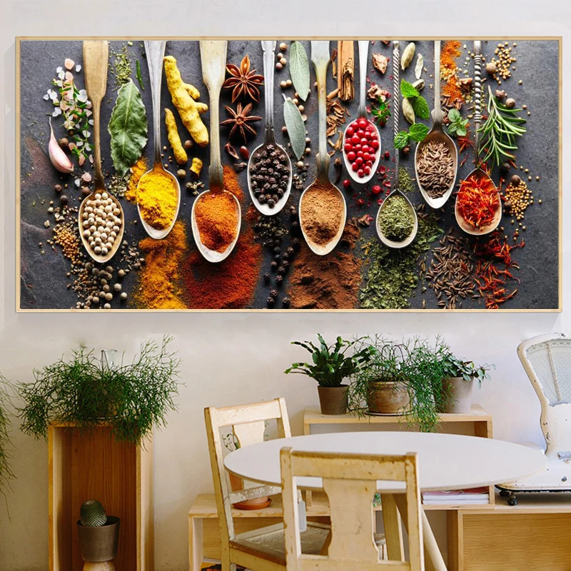 

Kitchen Themed Wall Art Decor Colorful Spice and Spoon In Table Canvas Paintings Food Cooking Ingredients Canvas Art Print Decor
