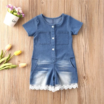 

2020 1-6Y Summer Newborn Baby Kid Girl Short Sleeve Denim Jumpsuit Clothes Newborn Baby Fashion Pocket Lace Romper Summer Shorts