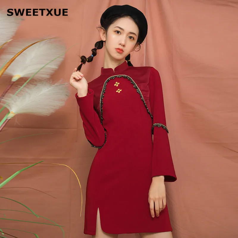 Красное платье Ципао SWEETXUE в китайском ретро стиле элегантное современное