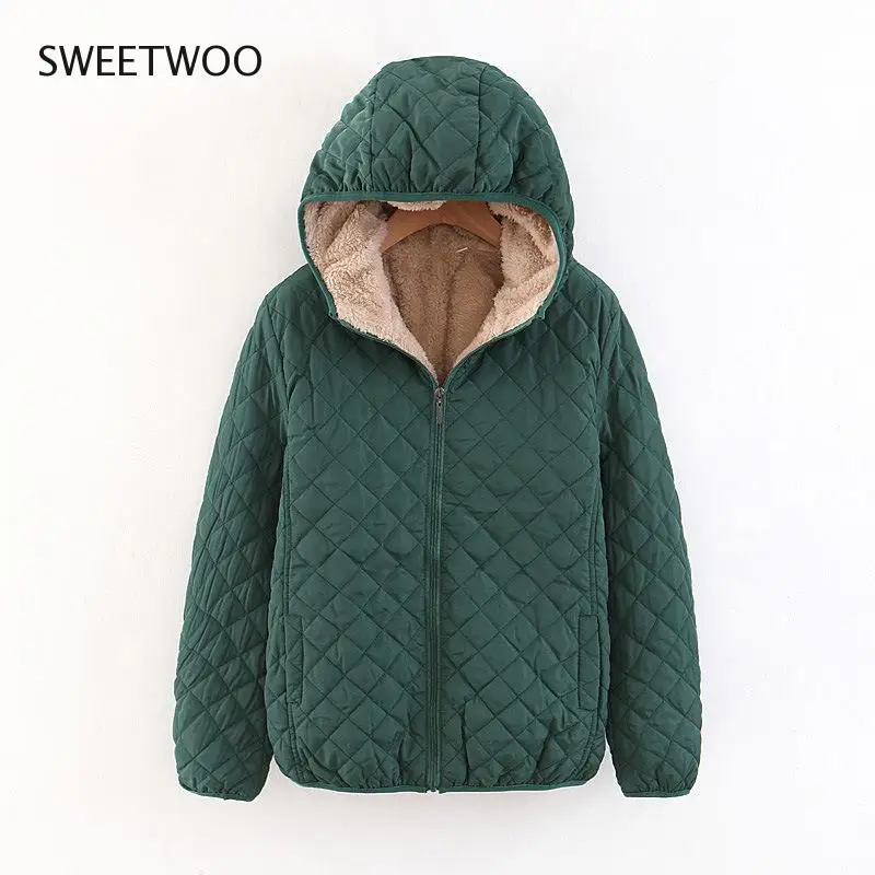 

Women Winter Fleece Jackets Plaid Hooded Female Coat Warm Parkas Fashion Solid Thick Casual Women Clothing Vintage Jacket