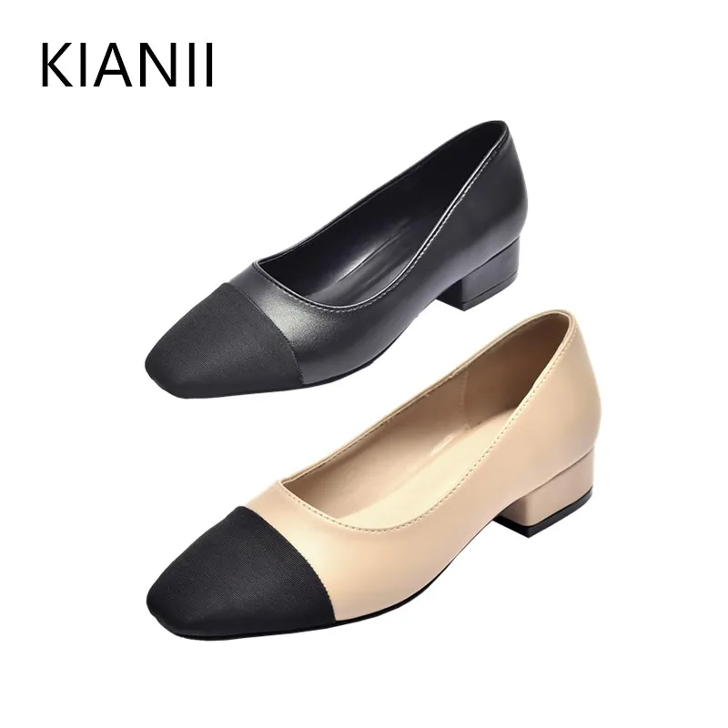 

Women's Work Single Shoes Contrast Color Round Toe 3.5CM high-heeled Slip-On Sneakers Fashion Office Lady Black Pumps