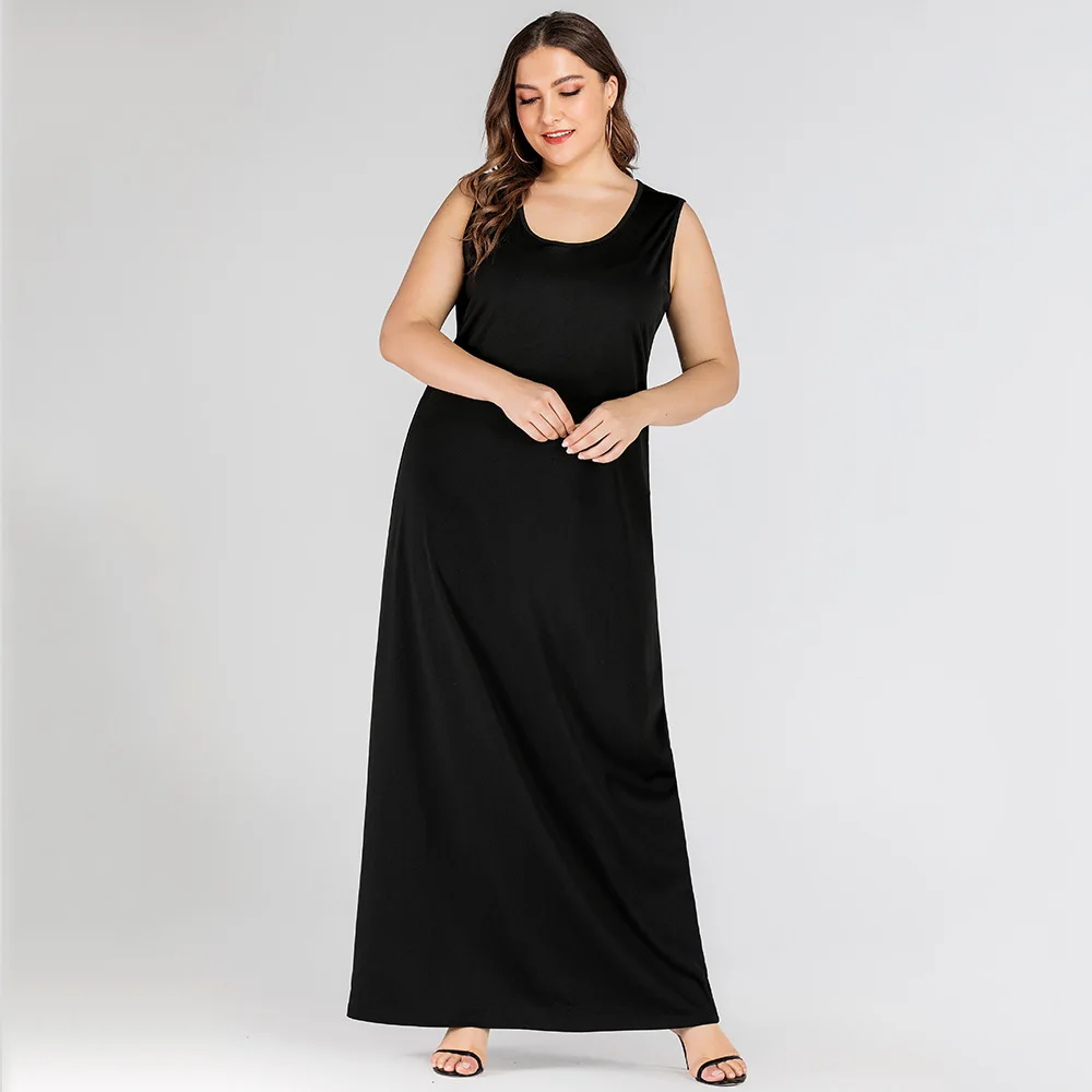 

Summer New Large Women's Solid Color Round Neck Sling Loose Dress Long Sleeveless Simple Cute Boho Maxi Plus Size 4xl 5xl Dress