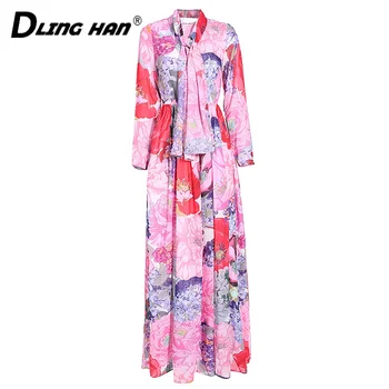 

DLINGHAN Fashion Floral-Print Chiffon Maxi Dress O-Neck Puff Sleeve elegant Party Dresses Spring Summer Women's New
