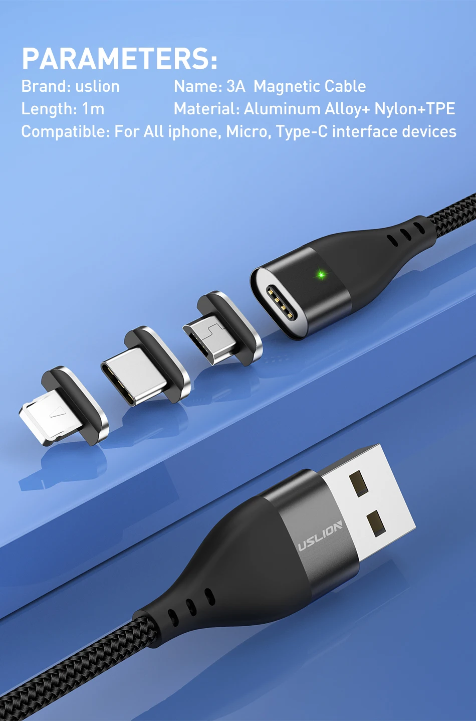 USLION Магнитный кабель Micro USB для iPhone samsung 3A, кабель для быстрой зарядки и передачи данных, Магнитный зарядный кабель usb type C, кабель для телефона Android