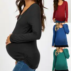 Новая женская блузка, Одежда для беременных, одежда для кормящих мам, с длинным рукавом, однотонная, с круглым вырезом, осень-весна