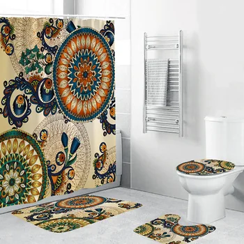 

4Pcs/set Mandala Shower Curtain Polyester Boho Bohemian Anti-slip Bath Mat Printing Toilet Pattern Carpet Flannel Toilet Pad Set