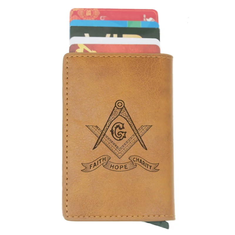

Classic Faith Hope Charity Masonic RFID Credit Card Holder Anti-Theft Automatic Wallet Card Case Men Mini Leather Male Purse