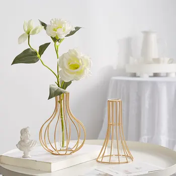 

Nordic Style Glass Flower Pot Iron Art Vase Rose Gold Hanging Test Tube Flower Vases Home Decoration Wedding Desk Flowerpots