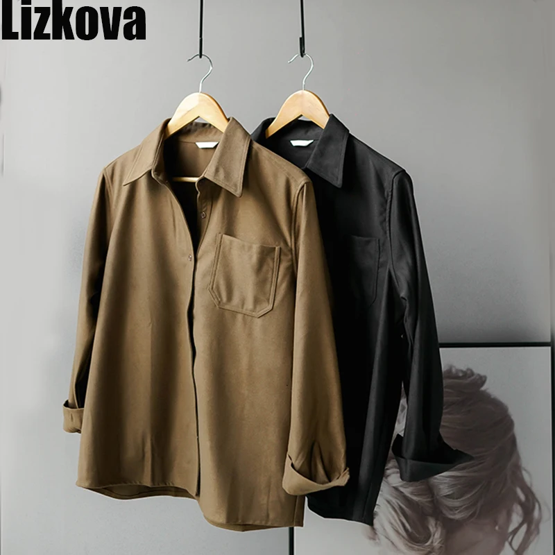 Зимняя женская блузка, черная твидовая рубашка с длинным рукавом, элегантная Свободная Повседневная Блузка с отворотом, уличная одежда