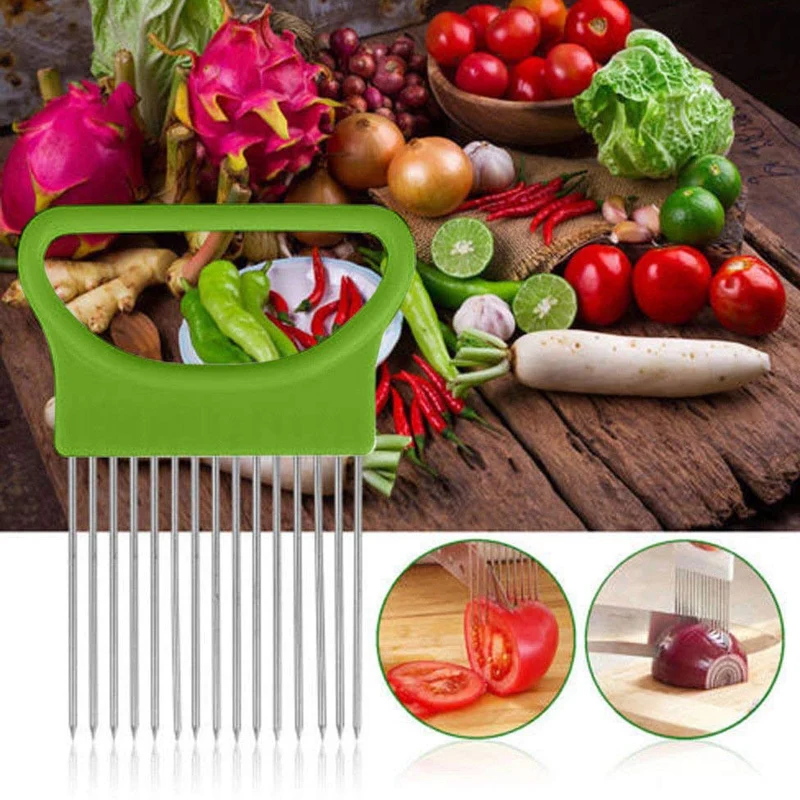 Kitchen Gadgets Handy Onion Cutter Holder Stainless Steel Easy Cut Tomato Onion Slicer Vegetable Cutter Cutting Aids Safety Cooking Tools (2)