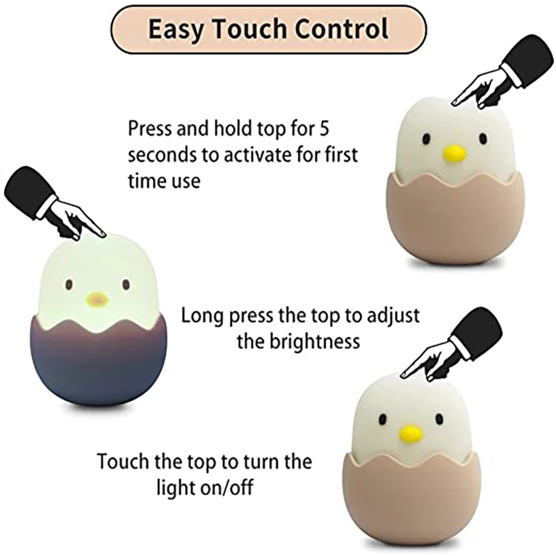 Led Night Light Night Light Led Night Lamp Led Children Touch Night Light Soft Silicone USB Rechargeable Bedroom Decor Gift Animal Egg Shell Chick Bedside Lamp
