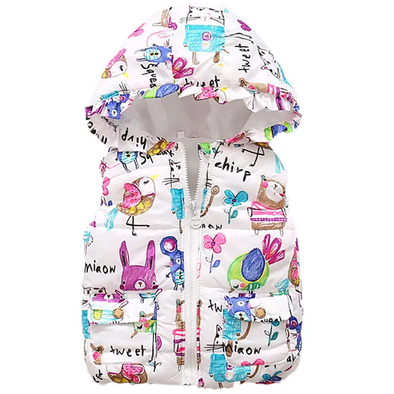 

Baby Girl Autumn and Winter Vest Cute Character Doodle Children Warm Jacket 1-4T Print Hooded Vest Outerwear Cotton kid Clothes