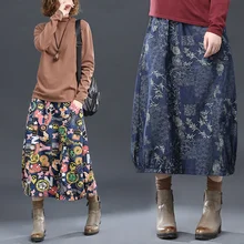 Джинсовые юбки с высокой талией и принтом, женские повседневные Цветочные этнические юбки, кавайная юбка в уличном стиле, Юбки миди для женщин s