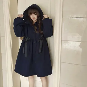 

Women's Hooded Jacket Warm Thick Loose Navy Blue Long Lolita Coat