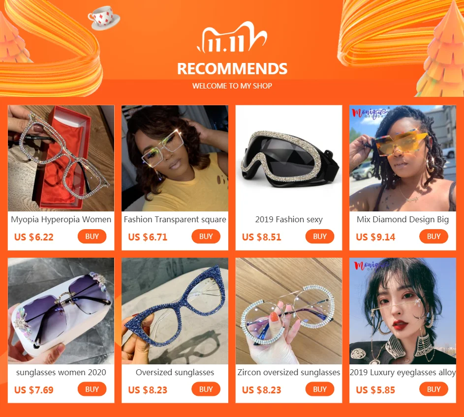 fashion sunglasses Prescription Glasses Wonen Clear Lens Square Oversized Sunglasses Rhinestone Blue Light Eyeglasses Wholesale gafas de sol designer sunglasses for women