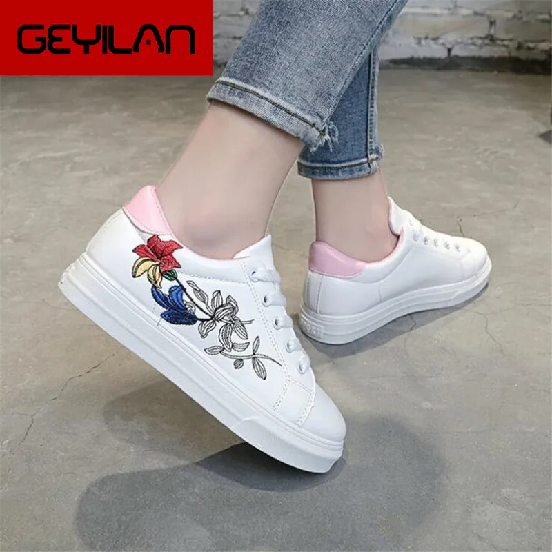 

Spring women platform sneakers genuine leather lace up White flats high increasing shoes Embroidered women's shoes Y18