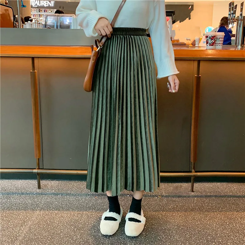 Olive green Весенняя и осенняя длинная Плиссированная Юбка Макси цвета металлик и серебра, Женские Повседневные Вечерние эластичные юбки средней длины с высокой талией, B9N901M - Цвет: Olive green