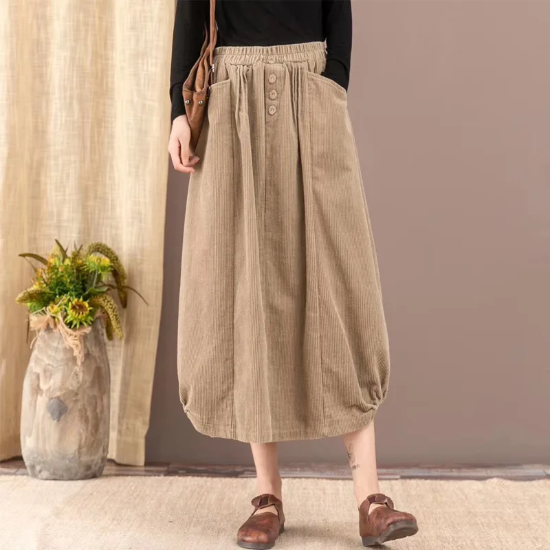 

Corduroy Bubble Skirt Women's Mid-length 2019 Autumn And Winter New Style Elastic Waist Literature And Art Retro Corduroy Half-l